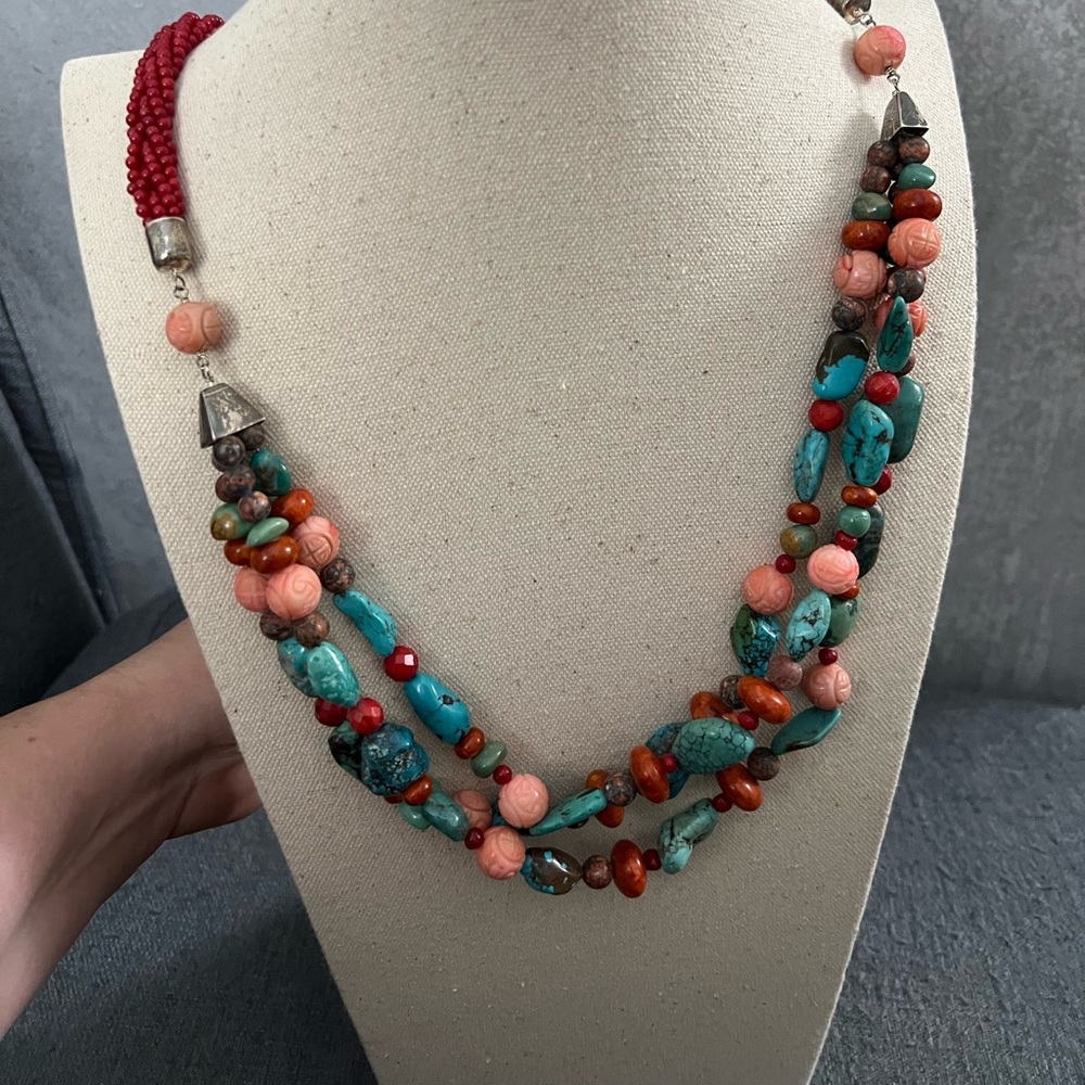 Jay King DTR 925 Native Sterling Silver 925 Coral Turquoise Beads Necklace